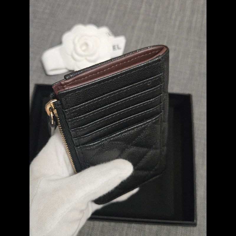 Chanel 香奈兒 L卡夾零錢包 黑色荔枝金釦 L拉鏈卡片零錢包-11