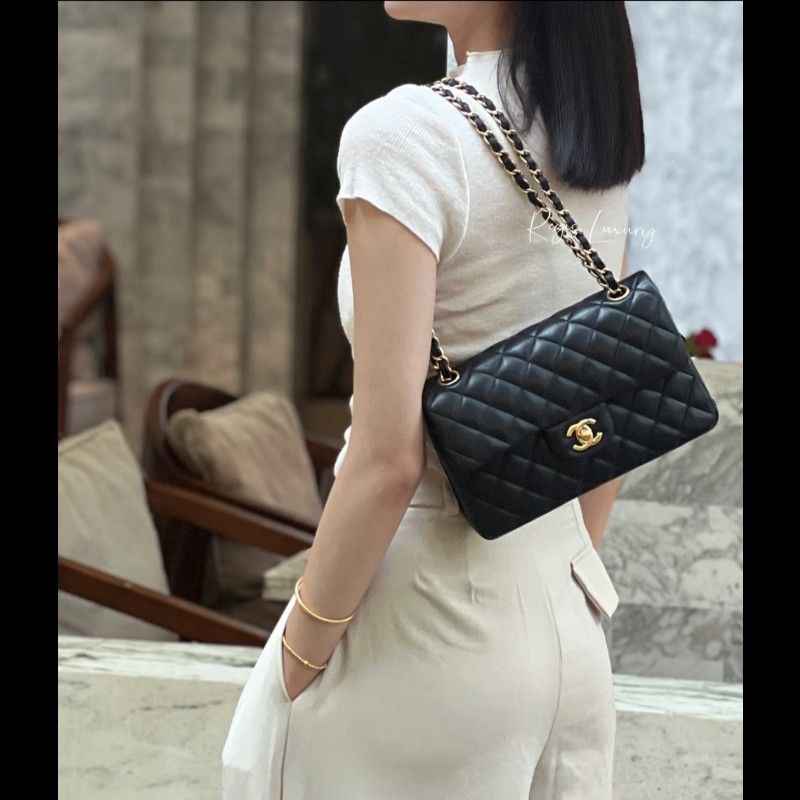 Chanel 香奈兒 經典黑金羊皮雙蓋包  肩背包 斜背包 cf25 coco 25-0