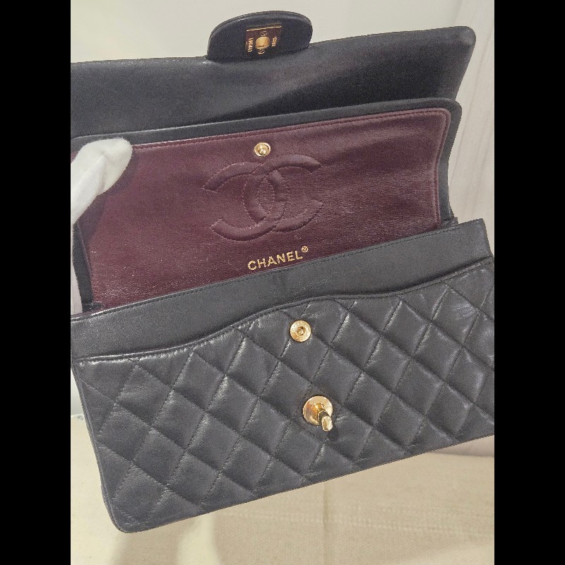 Chanel 香奈兒 經典黑金羊皮雙蓋包  肩背包 斜背包 cf25 coco 25-43