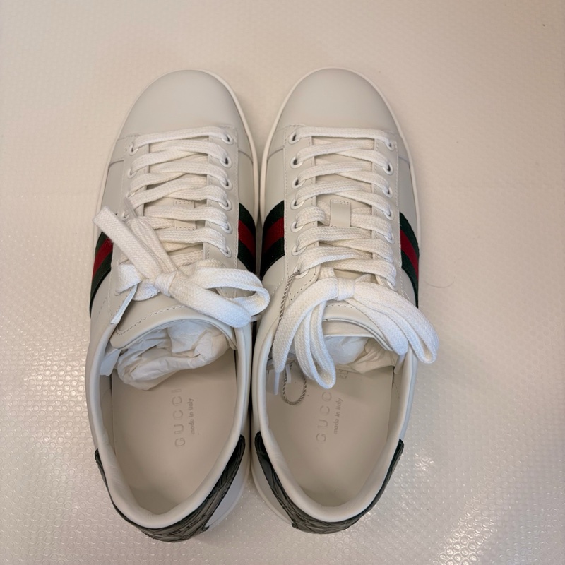 古馳/Gucci Ace系列小白鞋 紅綠條紋+鰐魚皮尾標-4