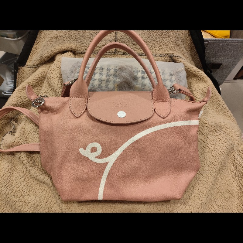 Longchamp x Mr. Bags 聯名粉色皮革手提斜背包 法國製-12