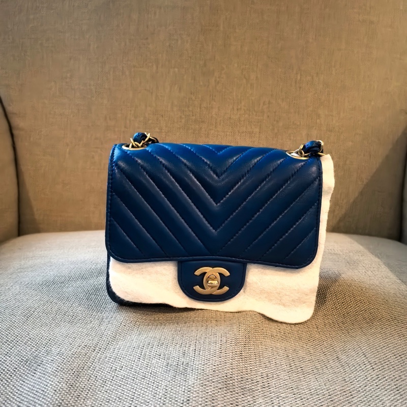 Chanel香奈兒藍金V紋方胖子鏈條包 27開  🈚附件：單品-0