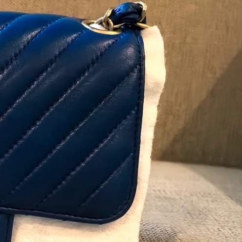 Chanel香奈兒藍金V紋方胖子鏈條包 27開  🈚附件：單品-3