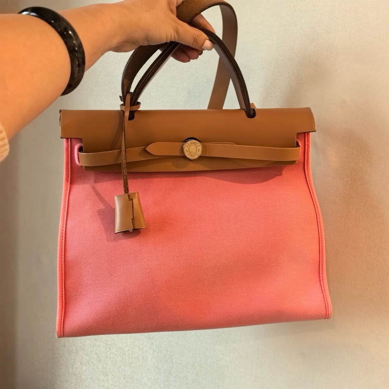 Hermes愛馬仕 herbag31帆布拼皮粉色銀扣 A刻。-0