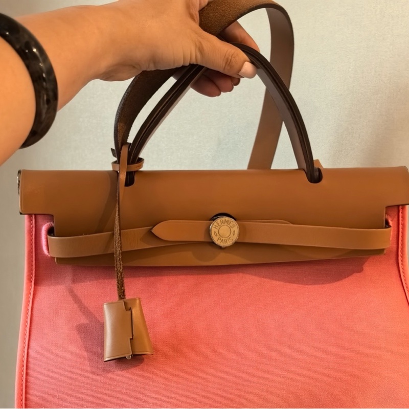 Hermes愛馬仕 herbag31帆布拼皮粉色銀扣 A刻。-1