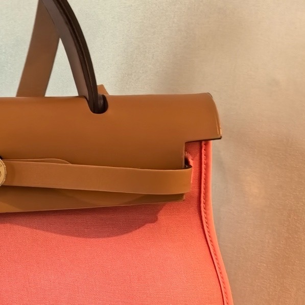 Hermes愛馬仕 herbag31帆布拼皮粉色銀扣 A刻。-3