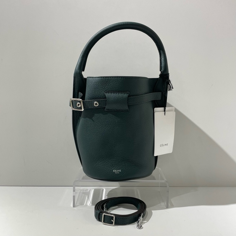 99新Celine賽琳BIG BAG 墨綠色銀扣水桶包 單肩斜挎手提包 16*21.5*16cm。-0
