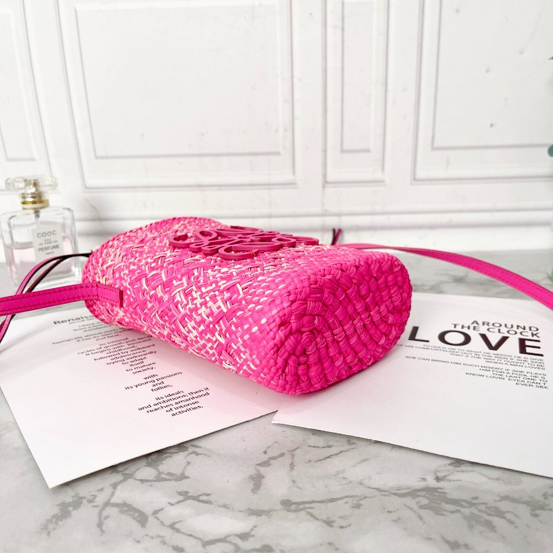 LOEWE Logo桃紅色草編抽繩 手機包 伊拉卡棕櫚拼牛皮材質 14×6×22.5 98新配件塵袋-6