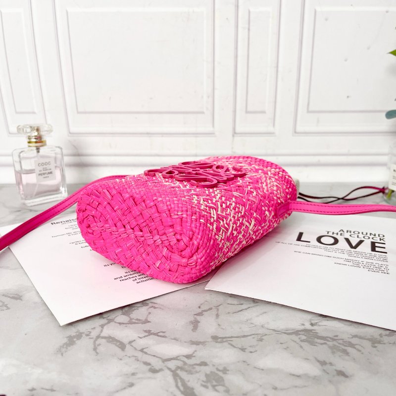 LOEWE Logo桃紅色草編抽繩 手機包 伊拉卡棕櫚拼牛皮材質 14×6×22.5 98新配件塵袋-7