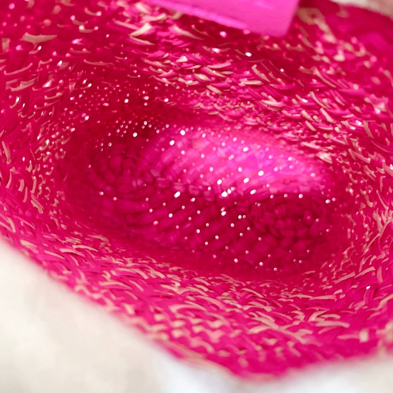 LOEWE Logo桃紅色草編抽繩 手機包 伊拉卡棕櫚拼牛皮材質 14×6×22.5 98新配件塵袋-9