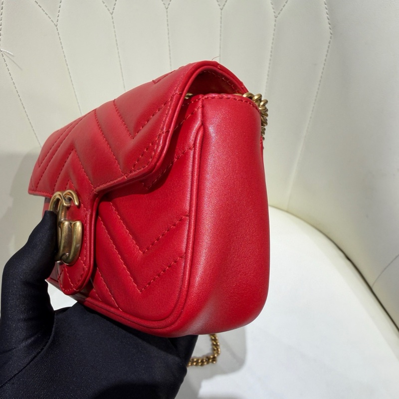 98❤️ Gucci GG Marmont 馬蒙mini鏈條包 紅色 經典V型絎縫 金色鏈條+雙G標-3