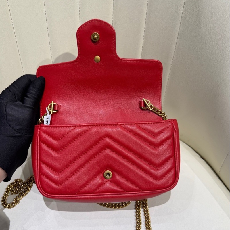 98❤️ Gucci GG Marmont 馬蒙mini鏈條包 紅色 經典V型絎縫 金色鏈條+雙G標-5