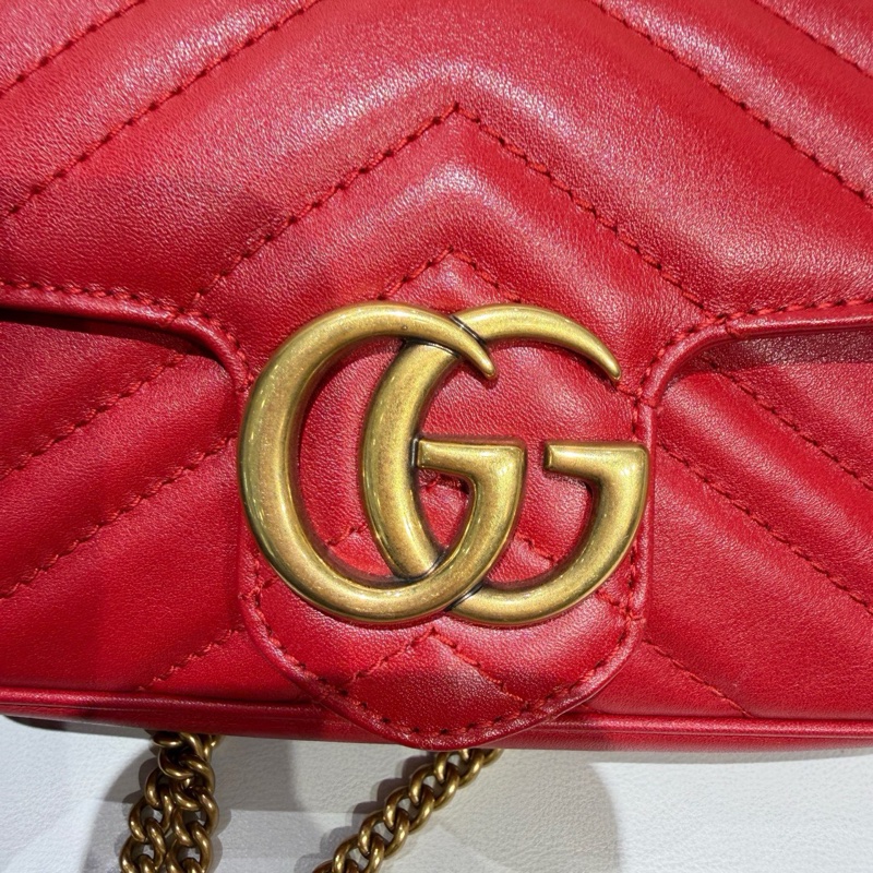 98❤️ Gucci GG Marmont 馬蒙mini鏈條包 紅色 經典V型絎縫 金色鏈條+雙G標-7