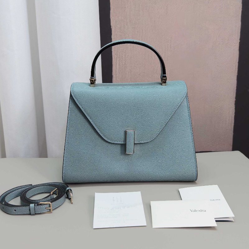 VALEXTRA 霧霾藍金扣Iside 中號手提肩背斜背包25*19*12.5 98新配件購證塵袋-1