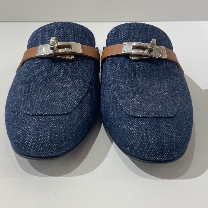 Hermes愛馬仕 OZ穆勒鞋 丹寧牛仔色搭配棕色拼皮 kelly銀扣半拖女鞋 38.5碼。-2