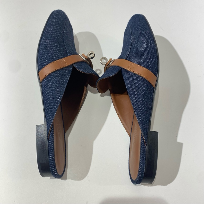 Hermes愛馬仕 OZ穆勒鞋 丹寧牛仔色搭配棕色拼皮 kelly銀扣半拖女鞋 38.5碼。-3