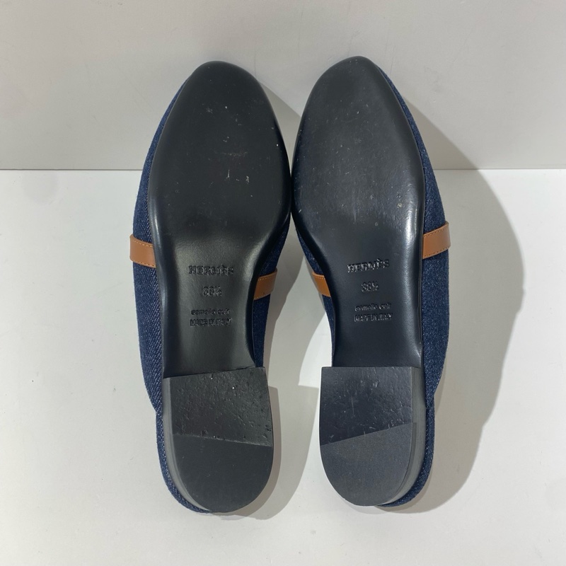 Hermes愛馬仕 OZ穆勒鞋 丹寧牛仔色搭配棕色拼皮 kelly銀扣半拖女鞋 38.5碼。-6
