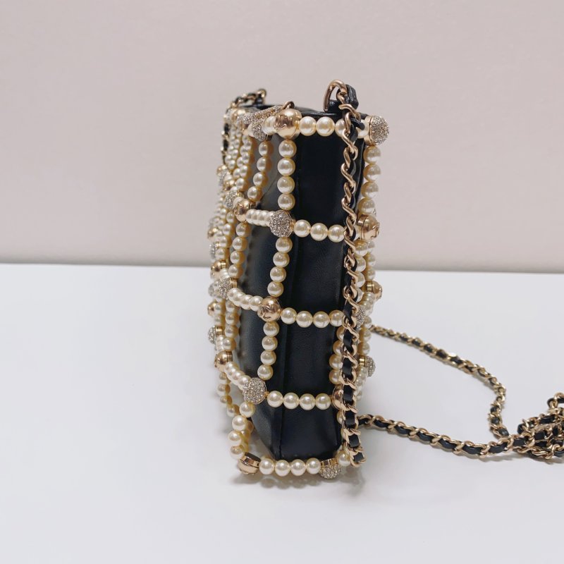 Chanel 黑色全皮珍珠鑽球晚宴包 21x3x15cm  98新配件塵袋-2