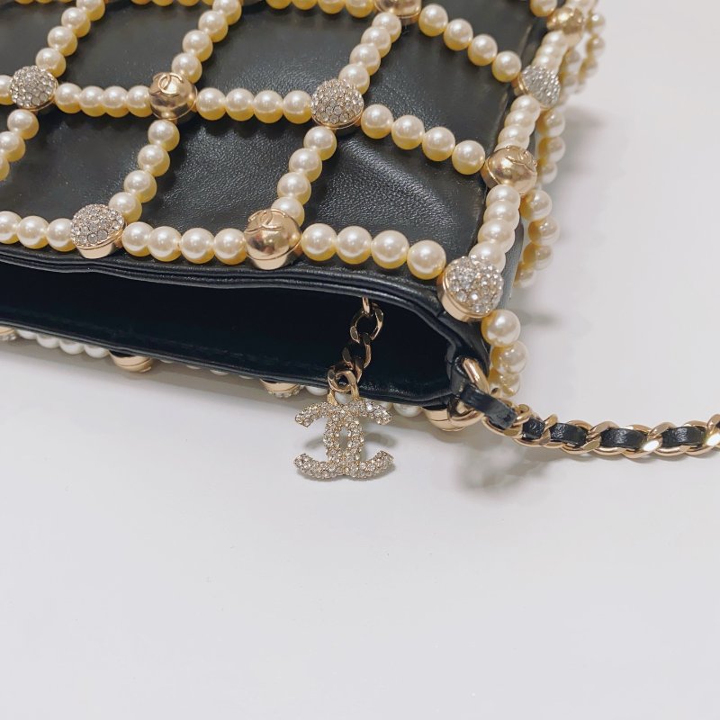 Chanel 黑色全皮珍珠鑽球晚宴包 21x3x15cm  98新配件塵袋-6