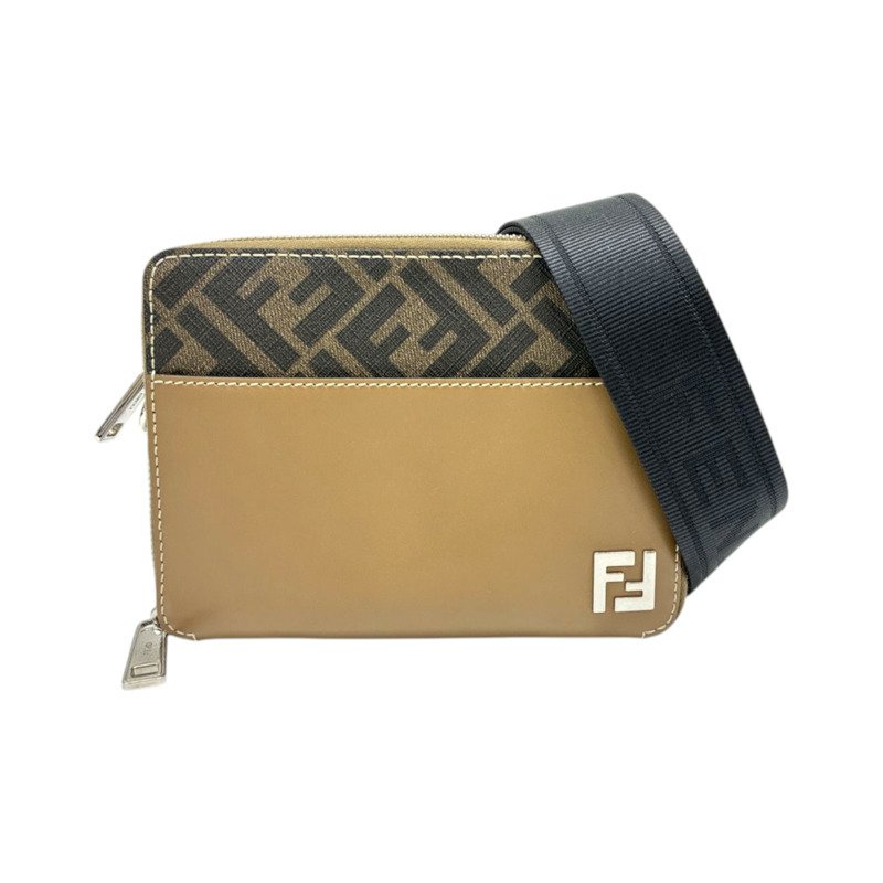 棕色 PVC塗層帆布 牛皮 方形 FF 相機包 肩背包【FENDI 芬迪】 7M0357-0