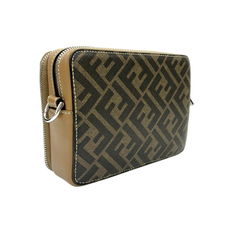 棕色 PVC塗層帆布 牛皮 方形 FF 相機包 肩背包【FENDI 芬迪】 7M0357-1