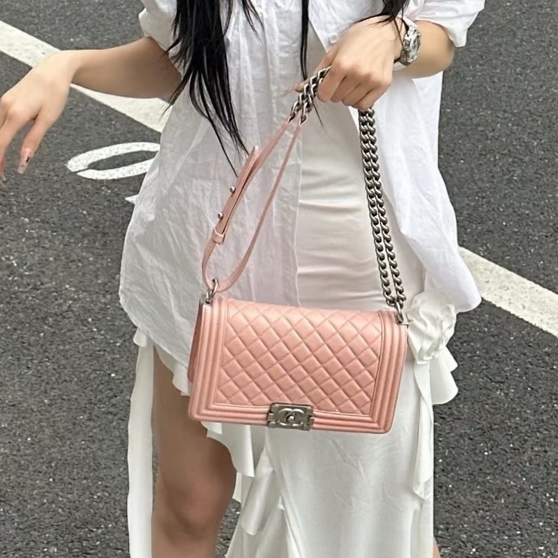 公主限量款👑Chanel香奈兒櫻花粉金宮廷編織滾邊款中號Leboy25單肩斜挎包-2