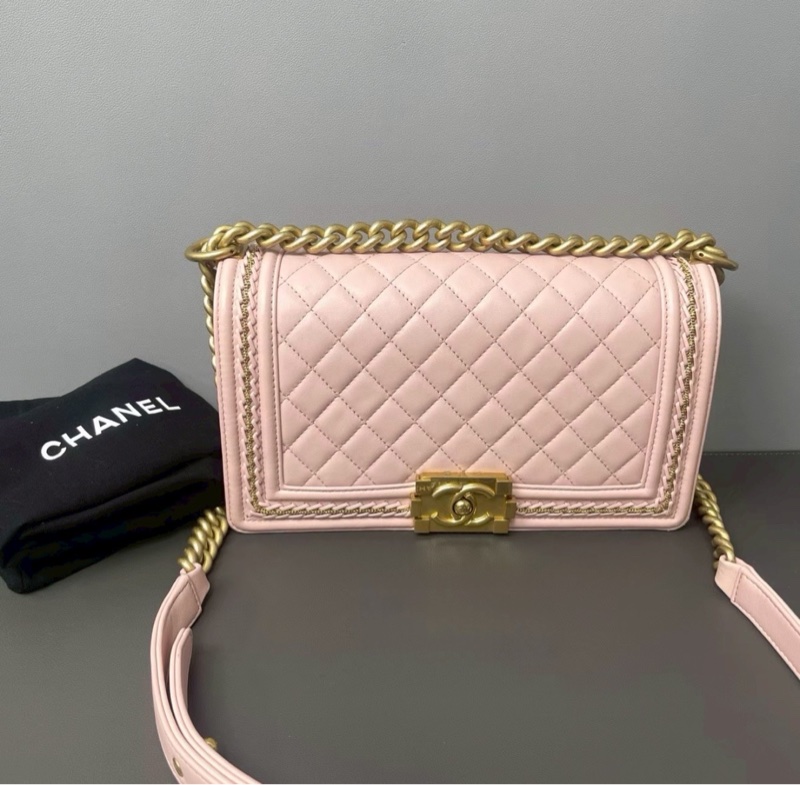 公主限量款👑Chanel香奈兒櫻花粉金宮廷編織滾邊款中號Leboy25單肩斜挎包-6