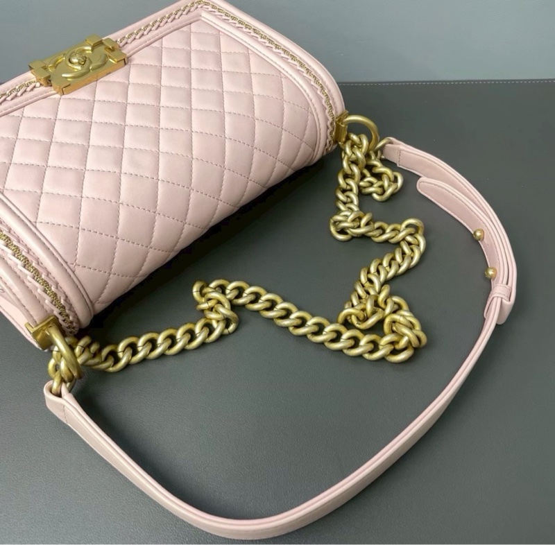 公主限量款👑Chanel香奈兒櫻花粉金宮廷編織滾邊款中號Leboy25單肩斜挎包-10