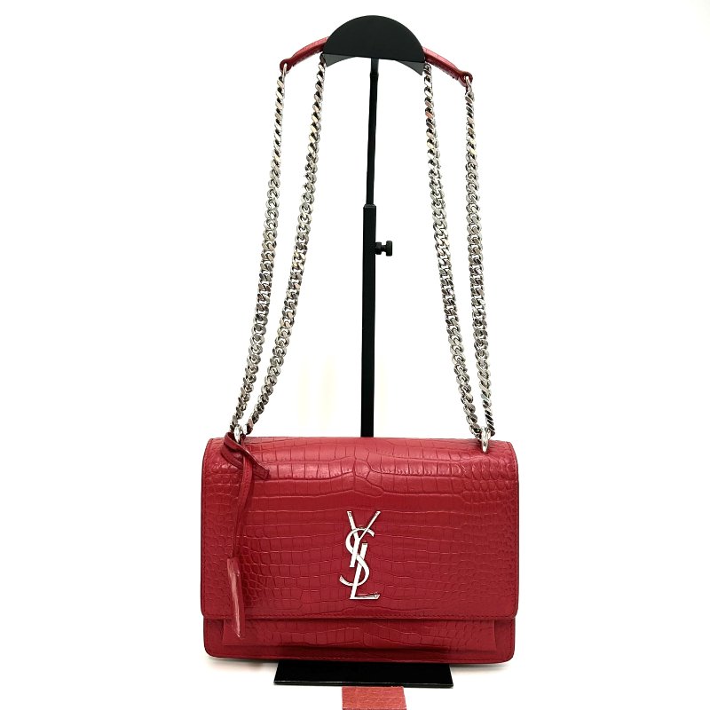 YSL 紅銀鱷魚壓紋SUNSET中號 日落肩背斜背包22*15*6 98新配件塵袋-1