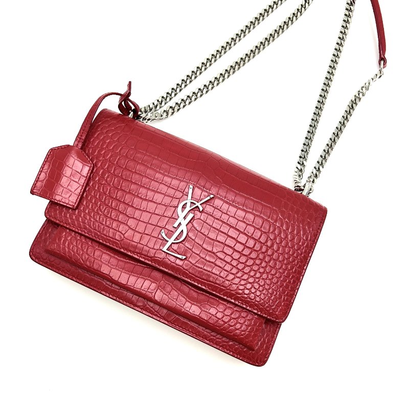 YSL 紅銀鱷魚壓紋SUNSET中號 日落肩背斜背包22*15*6 98新配件塵袋-3