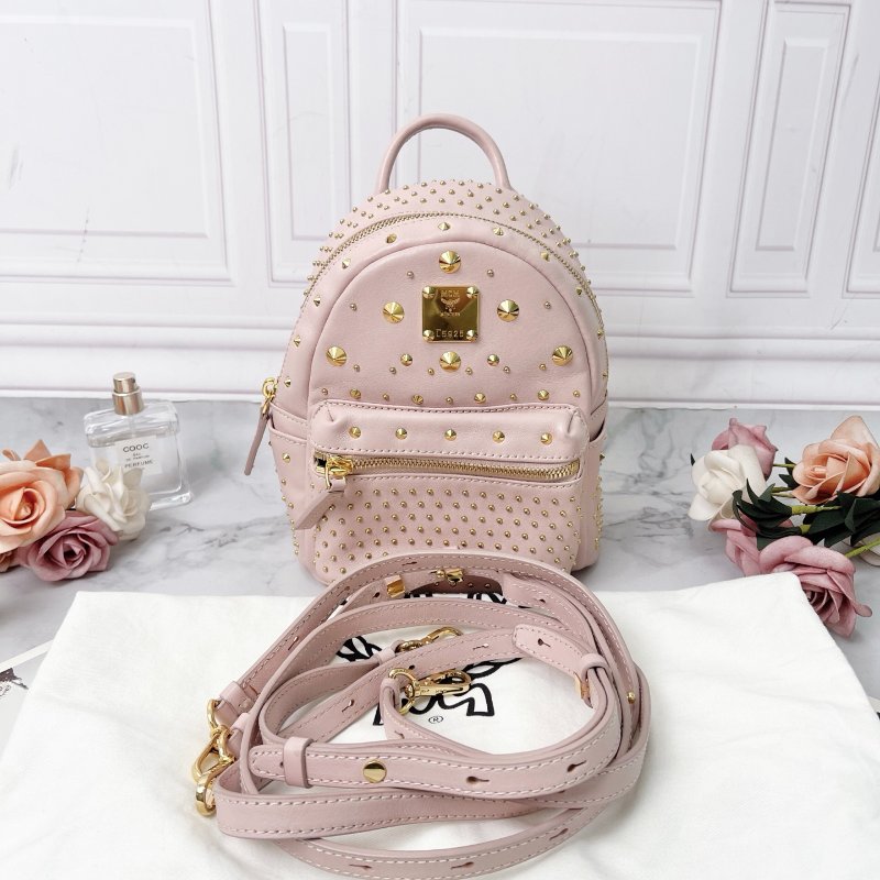 MCM 櫻花粉滿天星鉚釘mini後背包16X9X20 98新配件塵袋-1