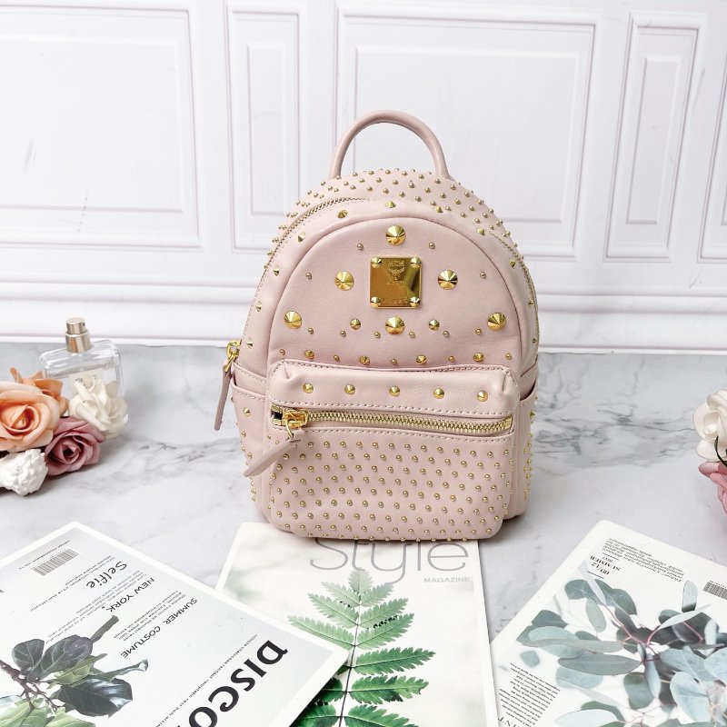 MCM 櫻花粉滿天星鉚釘mini後背包16X9X20 98新配件塵袋-7