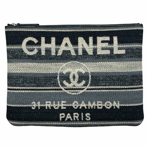 CHANEL 香奈兒 DEAUVILLE 毛呢收納包 羊毛 灰藍色系 銀釦