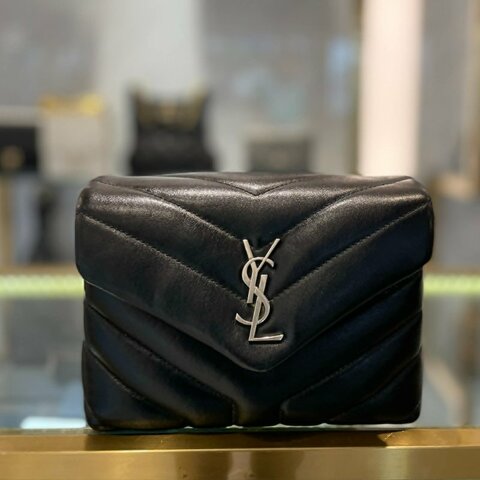 YSL 全皮方胖子斜背包 銀釦 黑色