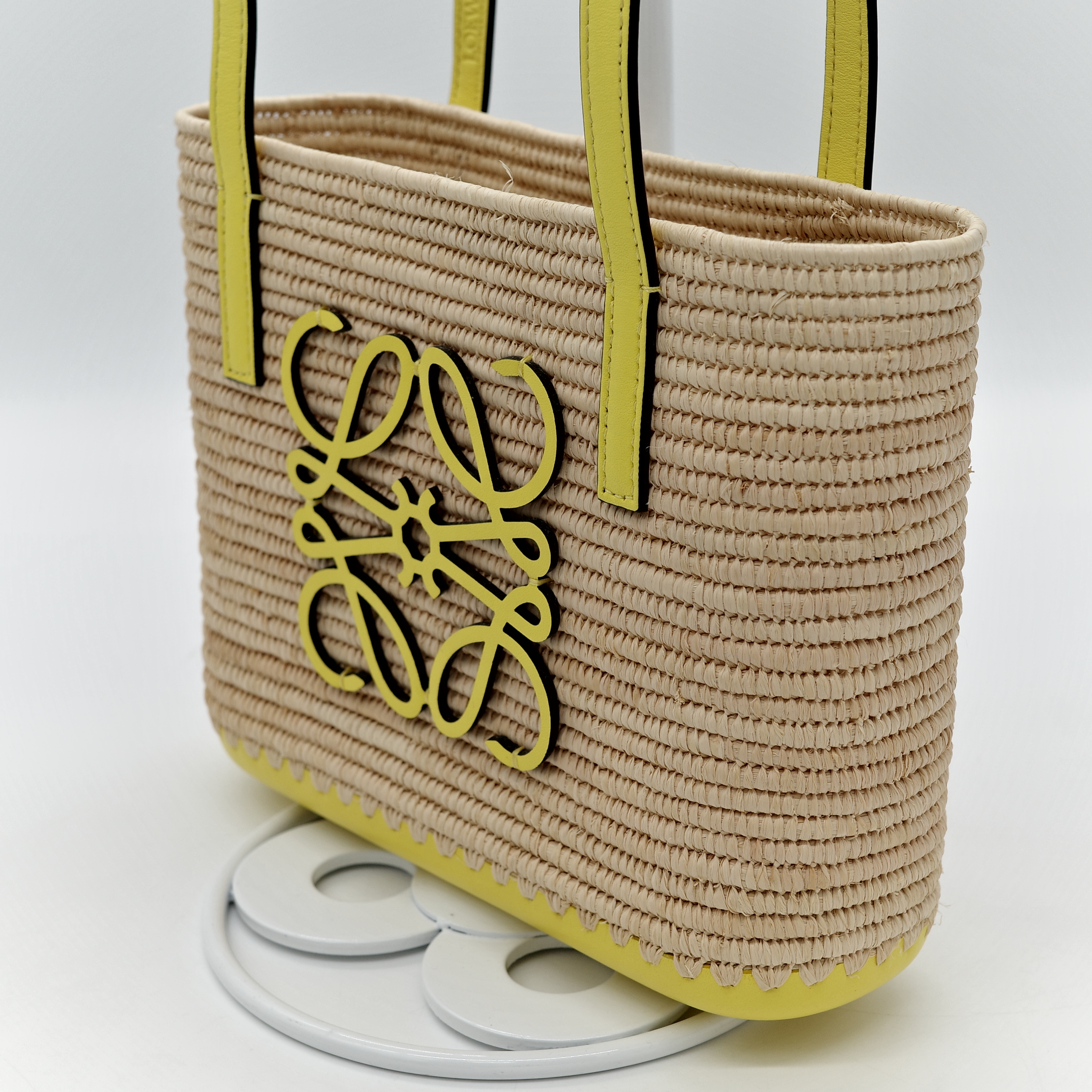 Loewe 羅威 mini square basket 黃邊 草編包-5