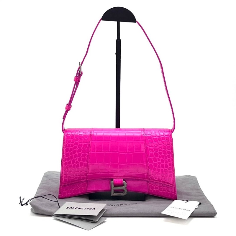 BALENCIAGA 粉紅色銀扣 鱷魚壓紋肩背沙漏包 25.5*15*8  95新 配件塵袋吊牌-1