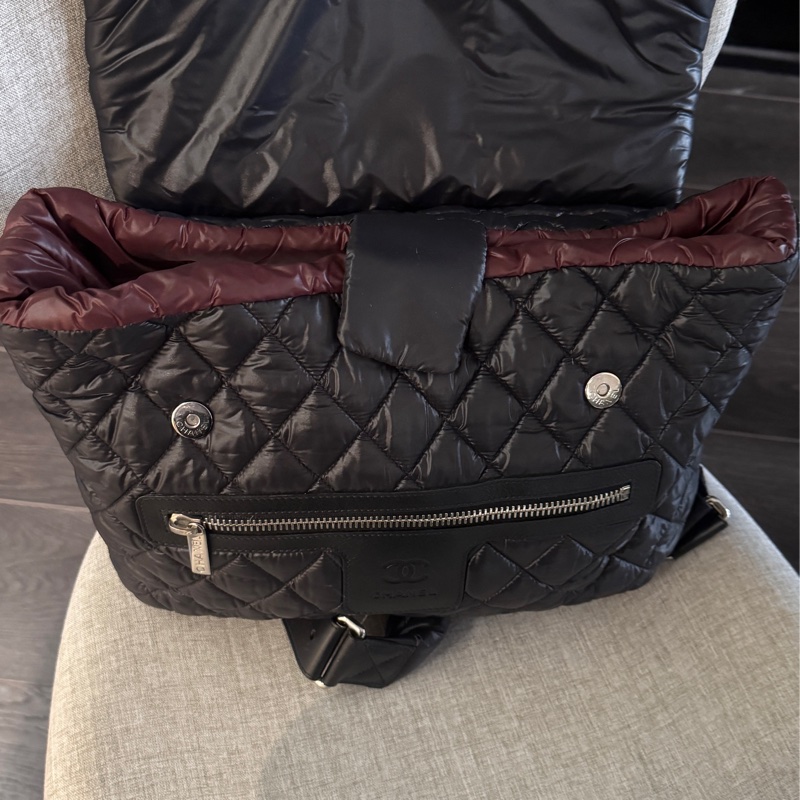 絕版Chanel 香奈兒 空氣羽絨後背包雙肩包黑色/酒紅內裏 空氣包-16