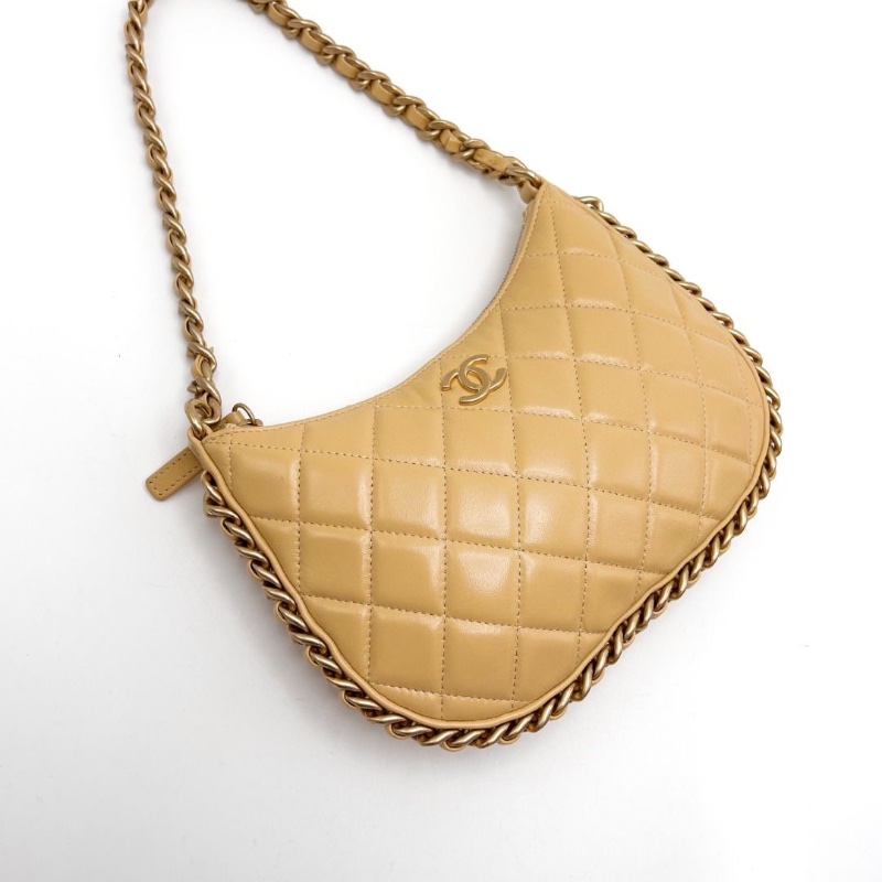 CHANEL 23B黃色金扣皮穿鏈邊 手提腋下嬉皮Hobo包 22*15*1.5  9新 配件塵袋 購證-6