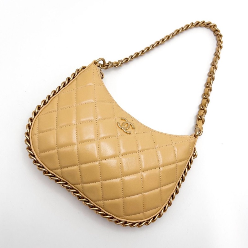 CHANEL 23B黃色金扣皮穿鏈邊 手提腋下嬉皮Hobo包 22*15*1.5  9新 配件塵袋 購證-7