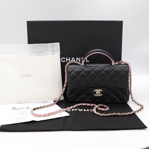 Chanel 香奈兒 羊皮 Mini CF Handle 黑粉拼色 晶片款
