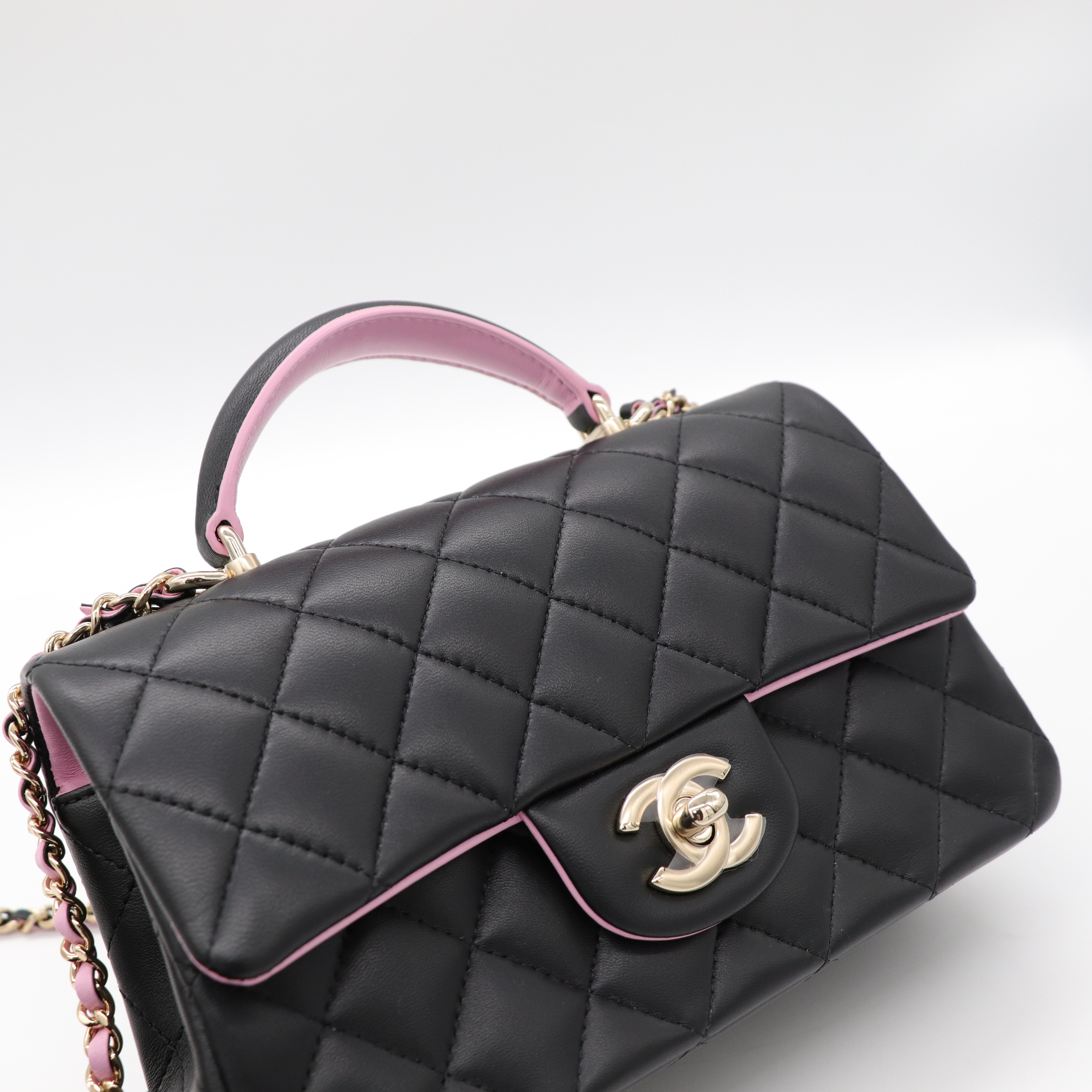 Chanel 香奈兒 羊皮 Mini CF Handle 黑粉拼色 晶片款-7