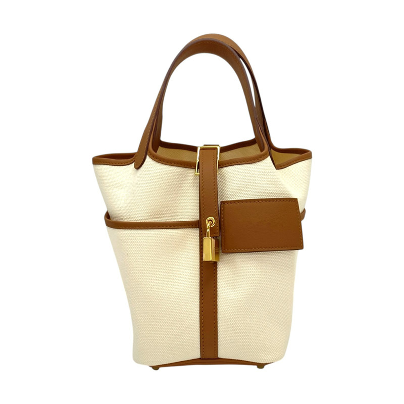 米色帆布 金棕色 Swift牛皮 Picotin Lock 18 手提包 K刻 金扣【HERMES 愛馬仕】 H083189CC-0