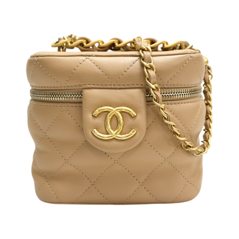 奶茶色 菱格紋羊皮 Vanity with chain 鏈帶化妝包 肩背包【CHANEL 香奈兒】 AS3228-0