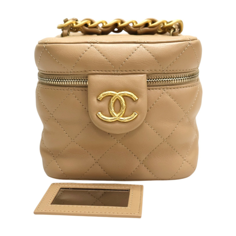 奶茶色 菱格紋羊皮 Vanity with chain 鏈帶化妝包 肩背包【CHANEL 香奈兒】 AS3228-7