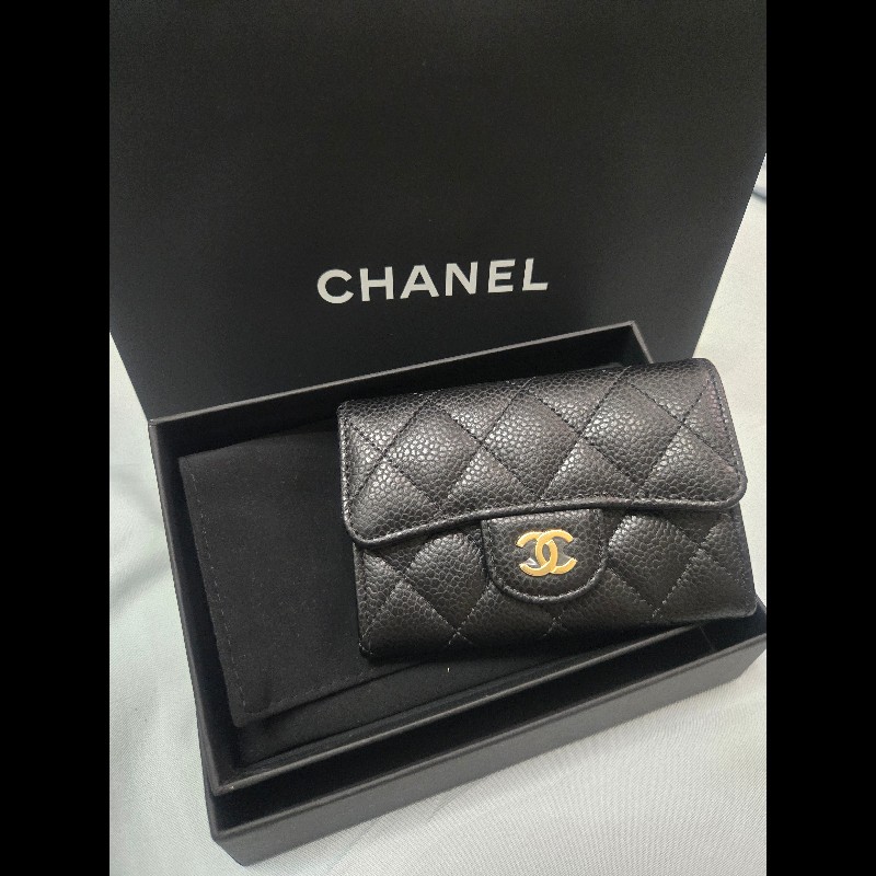 CHANEL 香奈兒 經典金色雙C LOGO菱格粒紋暗釦卡夾/零錢包-0
