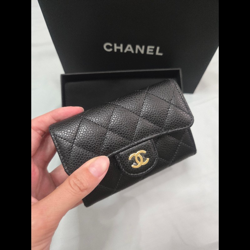 CHANEL 香奈兒 經典金色雙C LOGO菱格粒紋暗釦卡夾/零錢包-1
