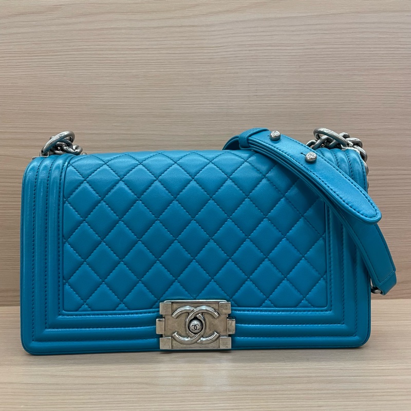Chanel 香奈兒 Leboy链条包，藍色中號 经典菱格纹 19開 尺寸底長25*高14*寬8* 無附件-0