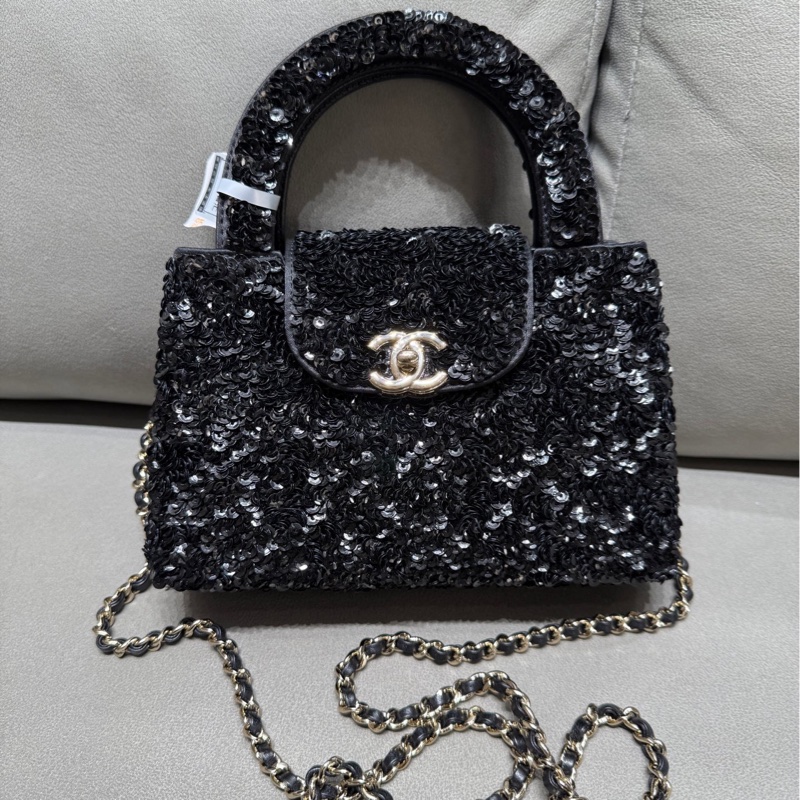 Chanel香奈兒黑色亮片Kelly手柄包 芯片尺寸20*13*7cm 成色99新-0