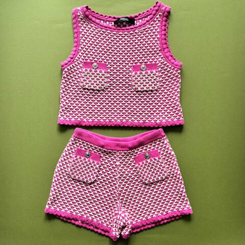 42號 ::Versace:: Crochet Knit Top 凡賽斯 粉白色鉤織針織背心 短褲 套裝