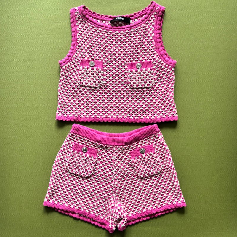 42號 ::Versace:: Crochet Knit Top 凡賽斯 粉白色鉤織針織背心 短褲 套裝-0